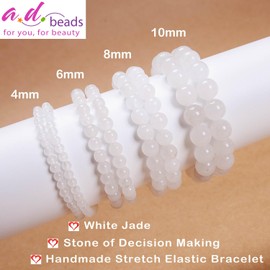 AD Beads Handmade Gemstone Stretch Elastic Bracelet Crystal Healing Reiki Nature's Beauty and Spiritual Essence Unisex (10mm, White Jade (Decision Making))