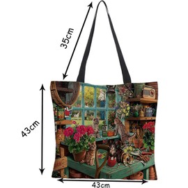 crazy bean Pack of 2 Printed Fabric Bags, Reusable Shopping Bag, Cat Pattern Design, Linen Bag, High Capacity, Perfect as a Shopping Bag, 43 x 43 cm, E