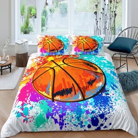 Watercolor Tie-dye Bedding Set,Cartoon Basketball Print Duvet Cover for Kid Teen Boys Girls,Youthful Comforter Cover Decorative Room,Sports Gaming Quilt Cover with 2 Pillowcases,Full Size