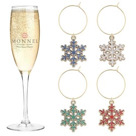 MONNEL P650 Assorted Little Snowflake Wine Charms Glass Markers Tags for Party Decorations with Velvet Bag- Set of 4