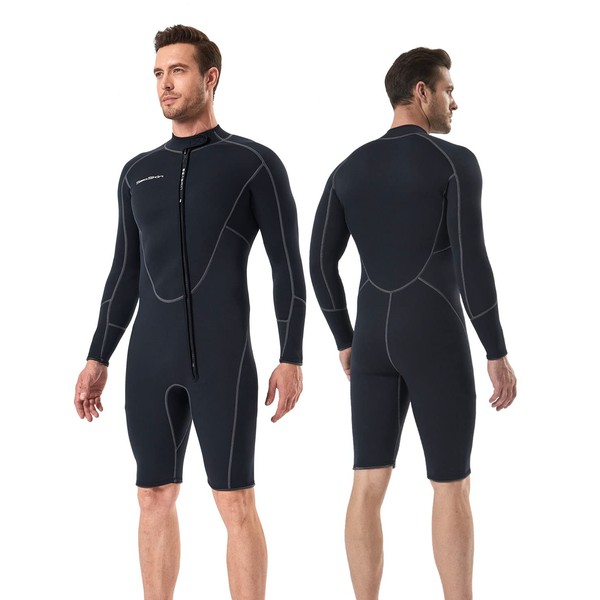 Seaskin Long Sleeve Shorty Wetsuit Mens 3mm Neoprene Diving Suits Front Zip for Diving Snorkeling Surfing Swimming (Large, Black)