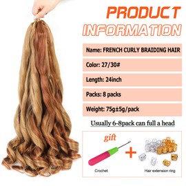 French Curls Braiding Hair, 8 Pack, Pre-Stretched French Curly Braiding Hair, 24 Inch (61 cm) Loose Wave Curly Braids Hair Extensions, 75 g/Pack, French Curly Synthetic Hair Extensions (27/30#)