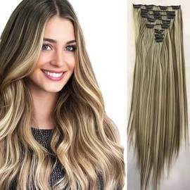 Clip in Hair Extensions Clip in Extensions Synthetic Hair 22 inches Blonde Brown 100 Gram 6 Pieces Seamless Double Weft Straight Synthetic Hair Extensions Clip Hair Extensions