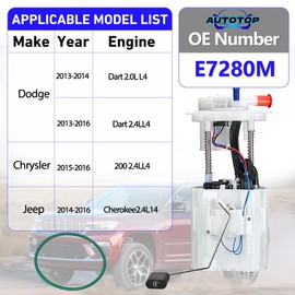E7280M Electric Fuel Pump Assembly with Sending Unit FIT 2015-2016 Chrysler 200, FIT 2013-2016 Dodge Dart, FIT 2014-2016 Jeep Cherokee 2.0L 2.4L – Replace 68166589AC, FG1560, SP7224M