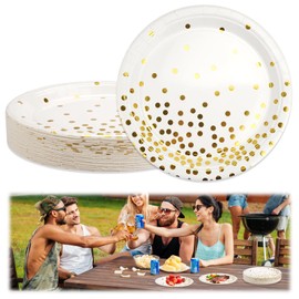 Pack of 50 White Gold Paper Plates, 23 cm White Gold Party Tableware Set, Party Tableware Gold White, White and Golden Plates for Party Birthday, Wedding, Banquet, New Year's Eve, Children's Birthday,