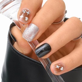 Sethexy Short Square Press On Nails Glitter Glossy Rhinestone False Nails with Design 24PCS Glossy Full Cover Art Fake Nail for Women and Girls (7)