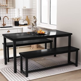 LinkRomat Dining Room Table Set with 2 Benches, Farmhouse Dining Table Set for 4-6, Wood Breakfast Table Set Dinner Table Set Kitchen Table and Chairs for Breakfast Nook Small Spaces, Black