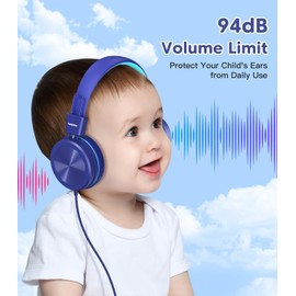 Cowyawn Kids Headphones, Toddler Headphones with Safe Volume Limiter 94dB, Wired School Headphones for Kid, 3.5mm Adjustable On-Ear Headphone for Boys/Girls/Children/Teens/iPad/Computer, Dark Blue