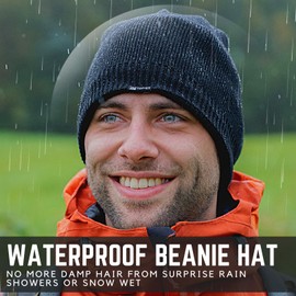 TOP-EX Waterproof Merino Wool Knitted Beanie Hat for Men Women Fleece Lined, Warm Winter Hat with Reflective Strip for Golf, Running UK Cold Weather Black M