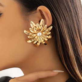 Inateannal Punk Large Flower Earrings Gold Metal Flower Statement Earrings Large Pearl Flower Stud Earrings Vintage Flower Tiered Earrings Huge Floral Drop Earrings Jewelry for Women and Girls