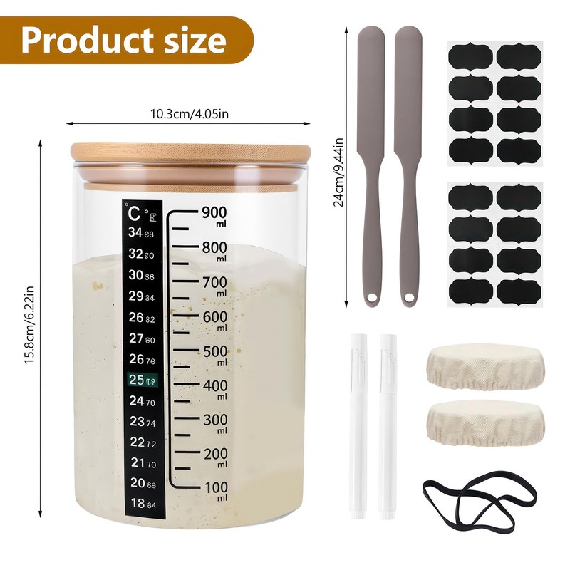 Jasfyee Sourdough Starter Set - 1L Fermentation Jar with Wooden