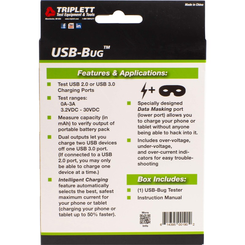 Triplett USB-Bug Dual-Output Inline USB-A Tester with Data Masking Port