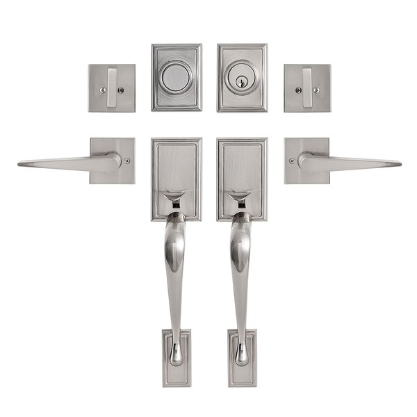 GUA OYH Double Door Handleset for Entryway Satin Nickel Front Door Handle Keyed Dummy Door Lock Set with Handle Lever for Front Door or Office Door, Satin Nickel (for Double Door) (L361516-S-S117)