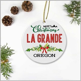 Merry Christmas La Grande Oregon Ornament - Plastic Round Decoration Ornament Keepsake Christmas Tree Decor Housewarming Gifts Ideas for Friends, Family Members, Couples and Newlywed
