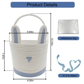 ZWHTB ZWHTB Large Woven Easter Baskets for Boys & Kids - Empty Basket with Gift Bags and Ribbons Cute Easter Decorations Bunny Ears Designs Blue