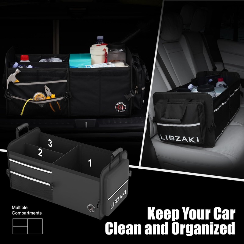 LIBZAKI Car Trunk Storage Organizer, Multi Compartment Collapsible Trunk Storage