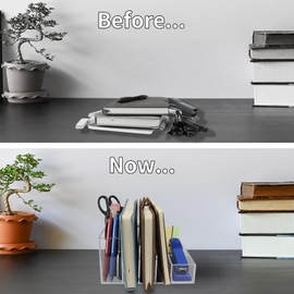 Acrylic Desk Organizer Clear Combination of File and Pen Holder 5-Section Office Desk Accessories Office Organization for File, Envelopes, Electronics, Pen, Cards and other small office supplies