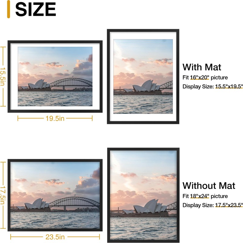 decorUhome 18x24 Picture Frame, Display Pictures 16x20 with Mat or