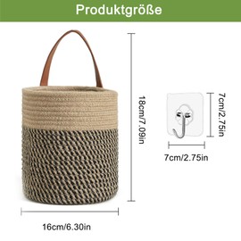 Aufbewahrungskörbe, 2er Set Hängekörbe aus Naturjute mit Griff – Stilvolle Wand- und Türkörbe für Pflanzen, Blumentöpfe, Deko & Aufbewahrung in Küche, Bad(16x18cm, Beige/Schwarz, inkl. 2 Haken)