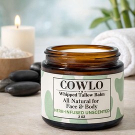 Cowlo Whipped Tallow Balm & Body Butter (Unscented/Herb-Infused) Grass Fed Tallow Moisturizer for Face, Body & Baby – Organic Olive Oil Infused with Calendula & Frankincense – Handmade Skincare, 2 oz