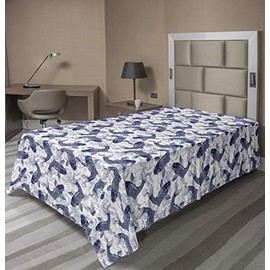 Ambesonne Fish Flat Sheet, Japanese Carp Koi Wave Patterned Background Ancestral Animals Culture, Soft Comfortable Top Sheet Decorative Bedding 1 Piece, Twin Size, Blue