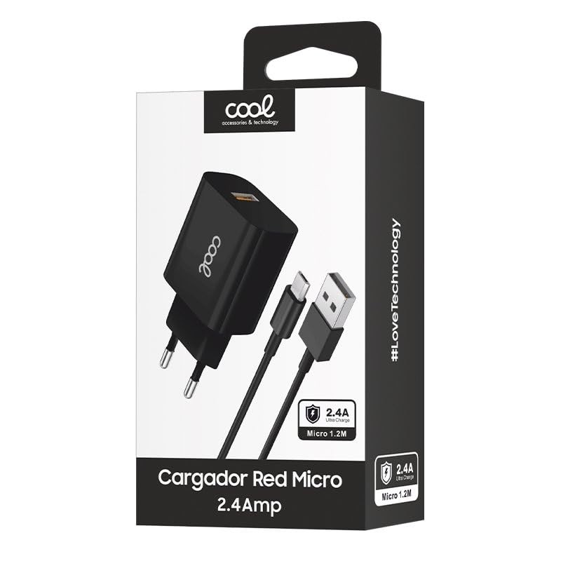 Netzladegerät, Micro-USB-Anschluss, Cool Universal, 2,4 A, Kit 2-in-1, Schwarz