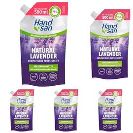 Hand san Flüssigseife Natural Lavender im Nachfüllbeutel 500 ml, mit natürlichem Lavendelöl, Händewaschen & Gesichtsreinigung, Rezeptur ohne Mikroplastik, pH-hautneutral, vegan (Packung mit 5)