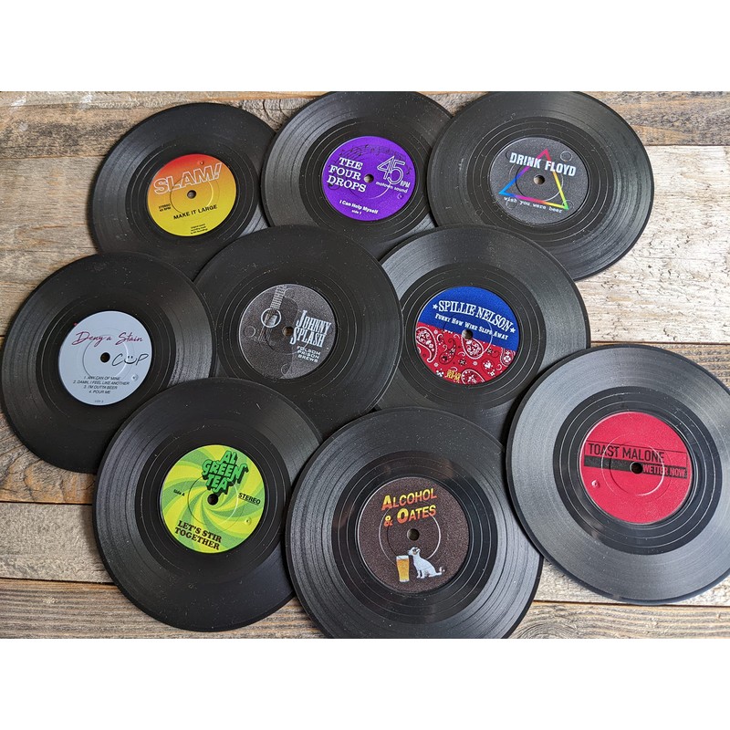 Retro Vinyl Record Funny Pun Title Coaster Set with wood