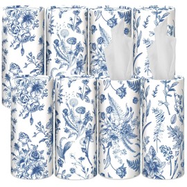 Zonon 8 Pcs Vintage Floral Round Tissues Box Car Holder with Facial Tissue Bulk Blue Flower Travel Tubes for Car with 50 Sheets Christmas Cylinder Face Towel Fit for Cup Holder Round Container