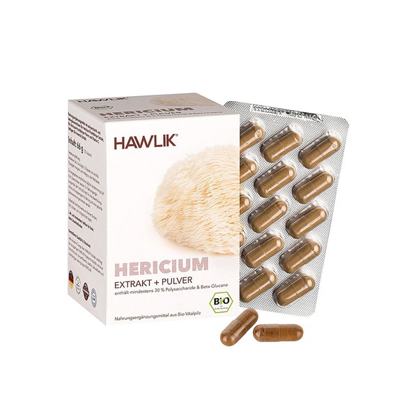 HAWLIK Vital Mushrooms Organic Hericium Extract + Powder Capsules 120 Capsules in Blister Pack with Vitamin C Natural Cultivation Vegan