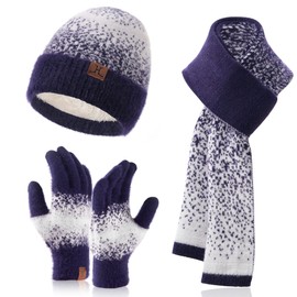 3 piezas de invierno de punto cálido bufanda y sombrero guantes de visualización táctil para hombres y mujeres, actividades al aire última intervensión, esquí, ciclismo, Azul / Patchwork, 7.375