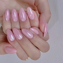 French Press on Almond, 24PCS Medium Chrome Pink False Nails, Glossy Full Cover Reusable Acrylic Pink Color Fake Nail Kit, Natural Stick on Nails for Women Girls