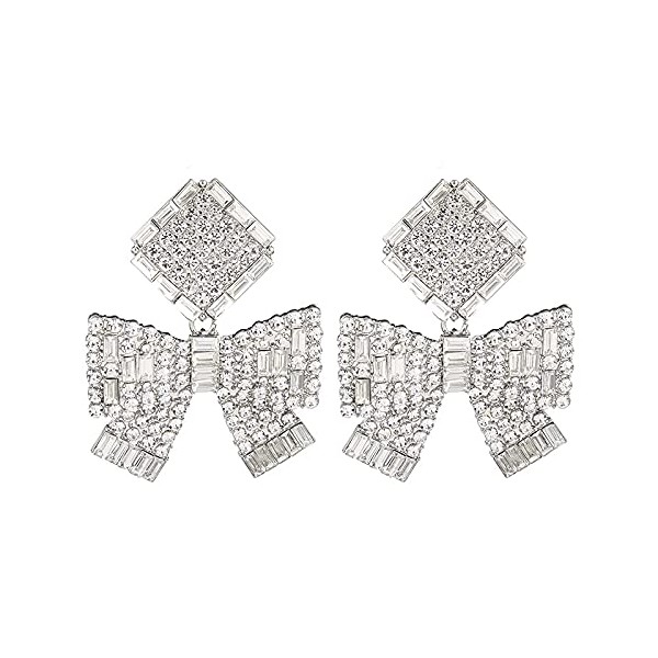Rhinestone Big Bow Knot Sparkly Dangle Drop Earrings Post Stud