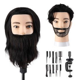 Man's Hairdressing Head 100% Real Hair with Beard Male Practice Head Real Hair Hairdresser Head Doll Head Mannequin Head with Table Clamp + Comb Set (19 Inches)