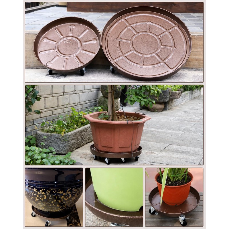 16" Metal Rolling Plant Caddy with Wheels, Indoor Outdoor, 2-Pack