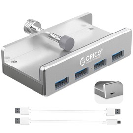 ORICO USB 3.0 Hub Clamp - Aluminum 4-Port USB Splitter With Extra Power Supply Port, 4.92 FT USB A to C Cable, Desktop Powered Hub for Monitors/Desks - Silver