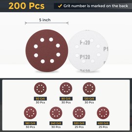 HARFINGTON 200 Pcs 5 Inch Sanding Disc 8 Hole 60/80/120/180/240/320/400 Grit Hook and Loop Sandpaper Aluminum Oxide Orbital Sander Pads for Woodworking Automotive Metal Polishing