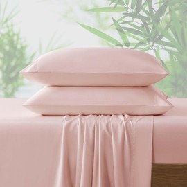 NATUREFIELD 4Pcs Cooling Sheets Set Full Size Rayon Derived from Bamboo Bed Sheets Soft Breathable 1 Flat Sheet, 1 Fitted Sheet, 2 Pillowcases Pink
