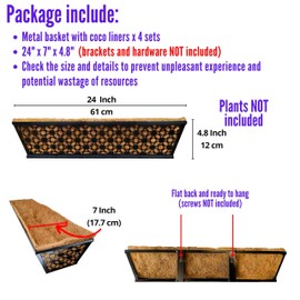 Maxona Window Boxes Planters to Attach to House, 4 Pack, 24 inch, Wall Planter for Outdoor Plants with Coco Liner, Black Metal Flower Basket Balcony Garden Fence Rail Railing Deck Patio Porch Décor