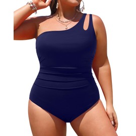 Aqua Eve Plus Size One Piece Swimsuit One Shoulder Bathing Suit Tummy Control Keyhole Swimwear Blue-1 16W