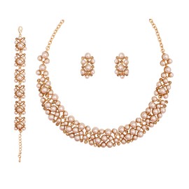 rneyflow 3PCS Wedding Bridal Artificial Pearl Crystal Necklace Drop Earring Bracelet Brides Party Costume Jewelry Set for Women (Real Champagne-Gold Plating)