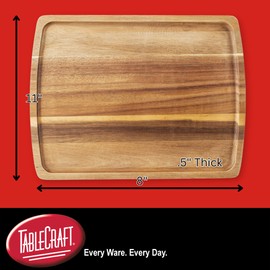 Tablecraft Rectangular Board Plate Trays, Acacia Wooden Collection, Wood Serving Platters for Steak, Charcuterie, Entrees, Appetizers, Commercial Restaurant and Foodservice Use, 11"x8"x.5, 12 Pcs