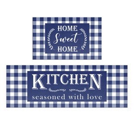 HOLVDENG Blue Buffalo Plaid Kitchen Mat Set of 2 Non Slip Thick Kitchen Rugs and Mats for Floor Comfort Standing Mats for Kitchen, Sink, Office, Laundry, 17"x47"+17"x28"
