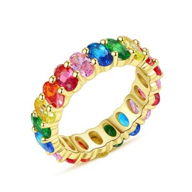 Rainbow Jewelry Crystal Rings for Women Mom Girls, 18K Gold Plated Multi Color Baguette Oval Ring, Emerald-Cut Eternity Bands Gift for Christmas Wedding Valentines Day - Ring Size 8