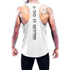 Boyzn Men's Dry Fit Y-Back Muscle Workout Tank Tops Gym Muscle Tee Athletic Training Gym Tank Top Fitness Bodybuilding Sleeveless T Shirts White-L