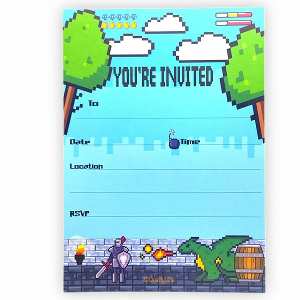25 Pixel Party Invitations With Envelopes, Fill In Style You're Invited For A Pixelated Theme Birthdays Or A Video Gamers Party | Video Game Truck Invite Supplies | Vintage Style Game Design. Thick & Non Coated Cardstock For Use With Any Pen.