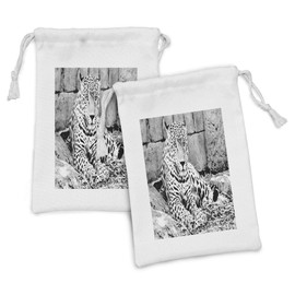 Ambesonne Black and White Fabric Pouch Set of 2, Jaguar Wild Big Cats Theme Feline with Dots Body Fur Jungle Tiger Leopard, Small Drawstring Bag for Toiletries Masks and Favors, 9" x 6", Black White