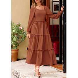 PRETTYGARDEN Fall Dresses for Women 2025 Long Sleeve Smocked Square Neck Swiss Dot Tiered Flowy Wedding Guest Maxi Dress (Brown,Small)
