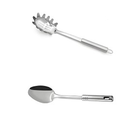 Stainless Steel Pasta Fork and Soup Ladle Spaghetti and Noodle Server with Handle, Rounded Corners for Safe Cooking, Serving 2Pcs.