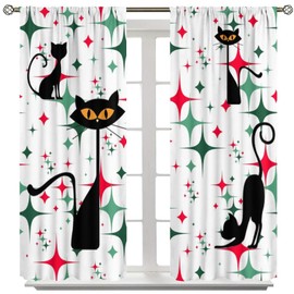 SHElifestyle Black Cat Mid Century Curtain, 1950S 60S Christmas Design Retro Window Treatment for Bedroom Abstract Geometric Pattern Vintage Drapes for Living Room Kitchen W42xL45in